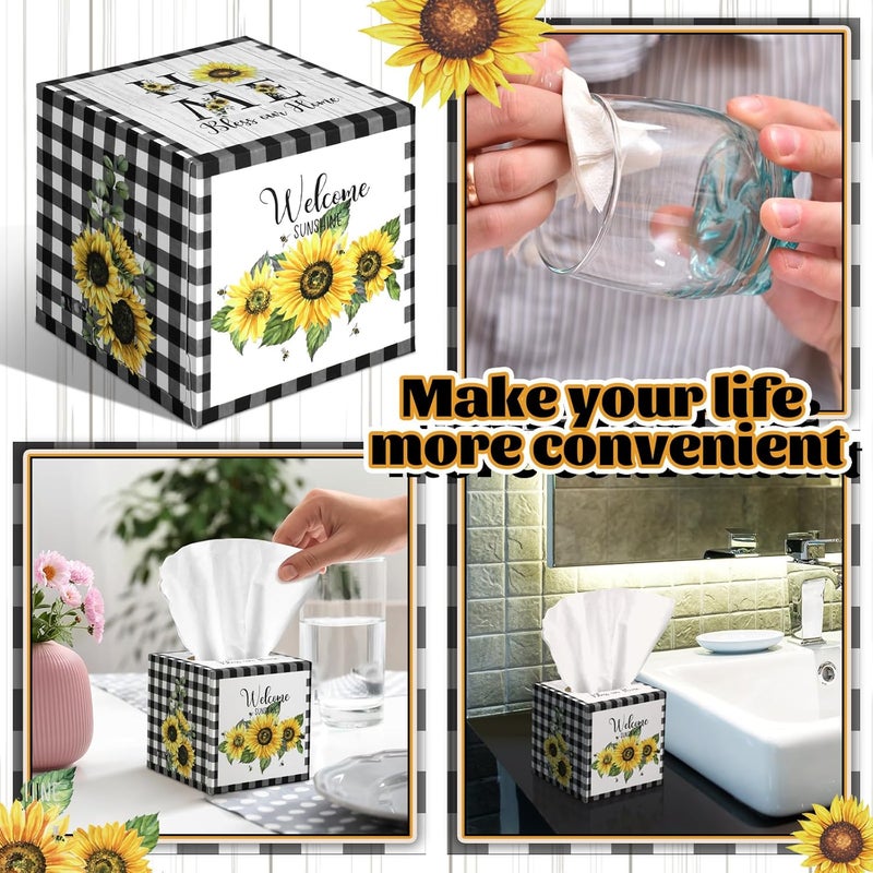 Fourluoo 12 Pack Summer Sunflower Facial Tissues Cube Boxes 600 Sheets 3 Ply Small Black and White Plaid Sunflower Face Tissues Bulk for Summer Car Bedroom Supplies - Image 5